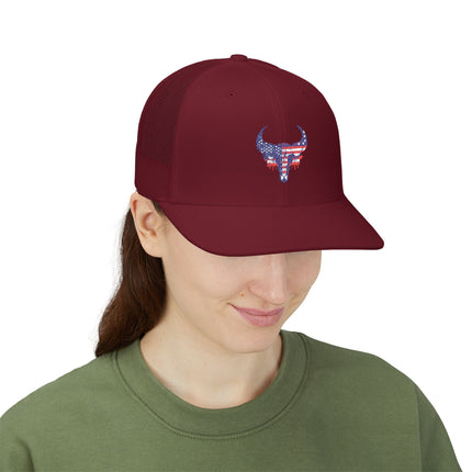 Patriotic Bull Snapback Trucker Cap - Embroidered USA Design