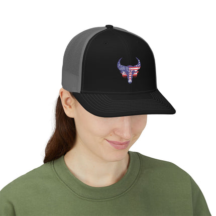 Patriotic Bull Snapback Trucker Cap - Embroidered USA Design