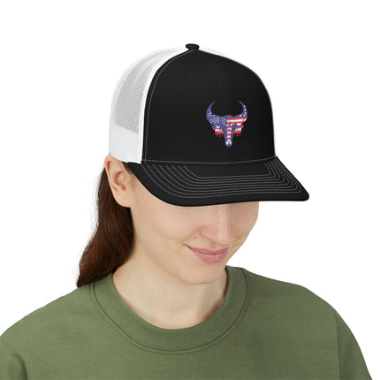 Patriotic Bull Snapback Trucker Cap - Embroidered USA Design