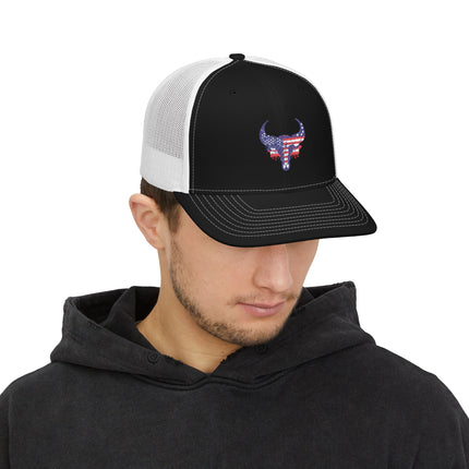 Patriotic Bull Snapback Trucker Cap - Embroidered USA Design