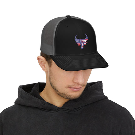 Patriotic Bull Snapback Trucker Cap - Embroidered USA Design