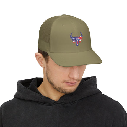 Patriotic Bull Snapback Trucker Cap - Embroidered USA Design