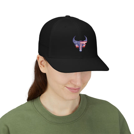 Patriotic Bull Snapback Trucker Cap - Embroidered USA Design