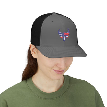 Patriotic Bull Snapback Trucker Cap - Embroidered USA Design