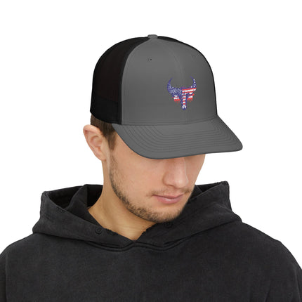 Patriotic Bull Snapback Trucker Cap - Embroidered USA Design