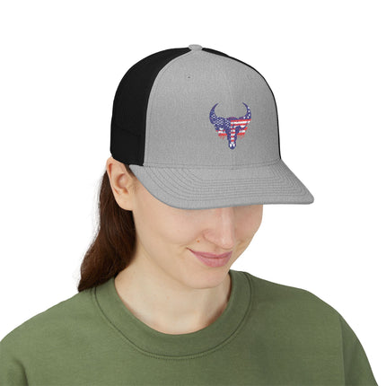 Patriotic Bull Snapback Trucker Cap - Embroidered USA Design