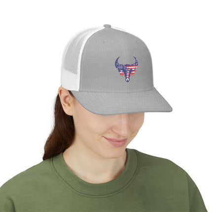 Patriotic Bull Snapback Trucker Cap - Embroidered USA Design